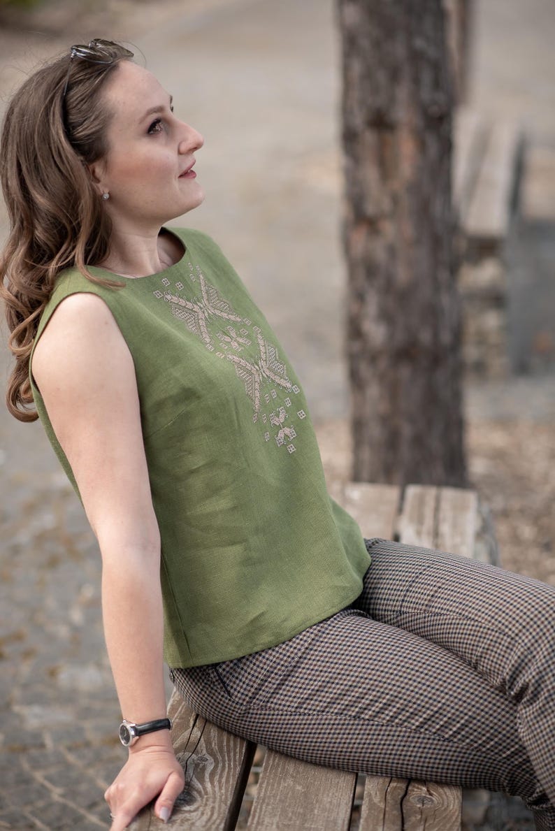 Green linen sleeveless top with embroidery