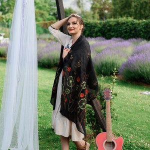 Black linen embroidered scarf, black large veil