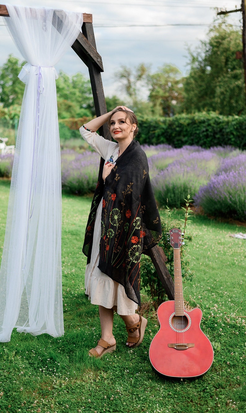 Black linen embroidered scarf, black large veil
