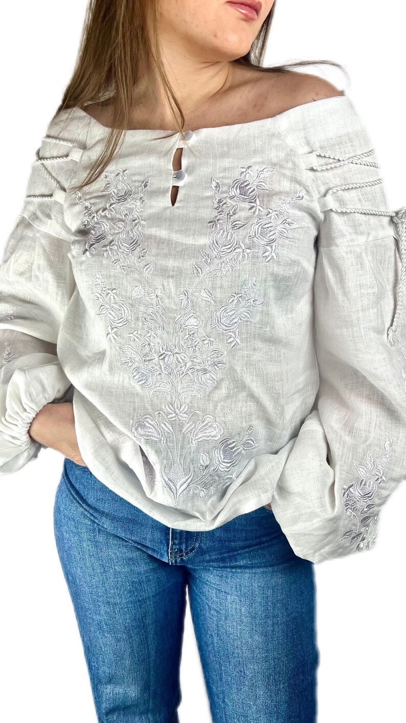 White Linen Embroidered Blouse, Ukrainian Vyshyvanka Top, Boho Off Shoulder Shirt, Floral White on White vyshyvanka
