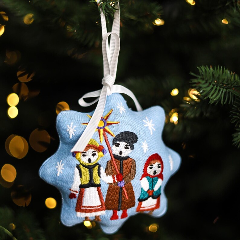 Handmade Christmas ornament with caroling children embroidery, Folk style tree decoration, Linen holiday ornament, Traditional winter gift