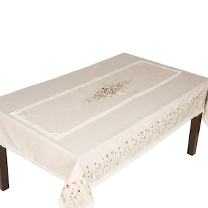 Linen embroidered beige floral runner, Wildflowers linen table runner with lace, Housewarming gift, Dining table runner, Easter table runner
