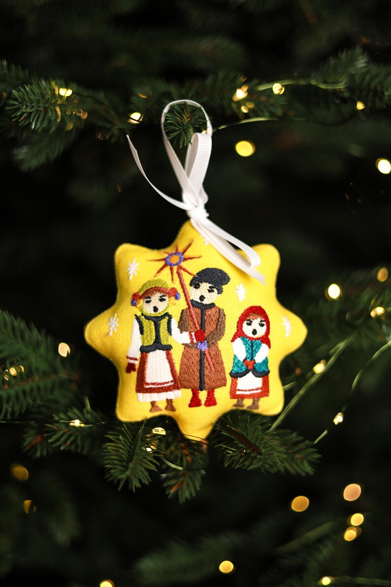 Folk art Christmas ornaments, Traditional Christmas tree ornaments, Embroidered folk Christmas star ornaments, Slavic Christmas decor