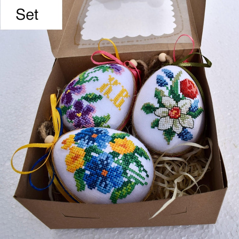 Set of 3 embroidered Easter egg ornaments with colorful floral designs