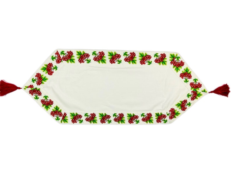 Table Runner with Red Viburnum Berry Embroidery – Folk Floral Table Decor with Tassels, Rustic Holiday Table Centerpiece