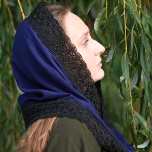 Lace shawl wrap navy blue head scarf for women with black floral lace trim – Mantilla church veil for prayer and spiritual events