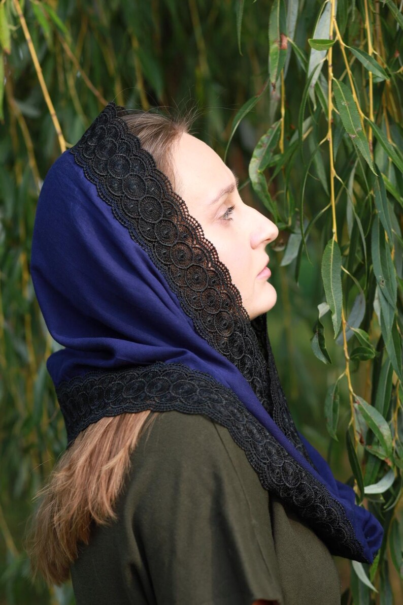 Lace shawl wrap navy blue head scarf for women with black floral lace trim – Mantilla church veil for prayer and spiritual events