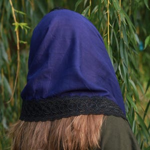 Lace shawl wrap navy blue head scarf for women with black floral lace trim – Mantilla church veil for prayer and spiritual events