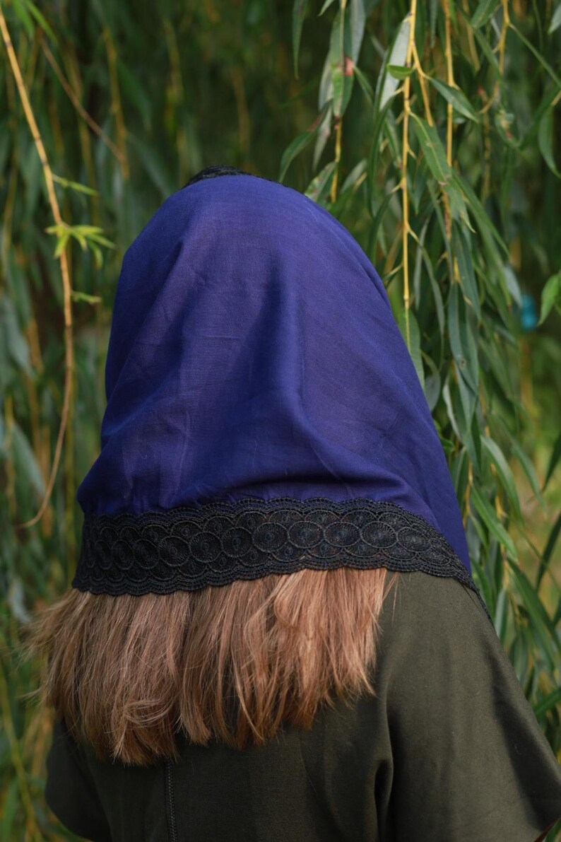 Lace shawl wrap navy blue head scarf for women with black floral lace trim – Mantilla church veil for prayer and spiritual events