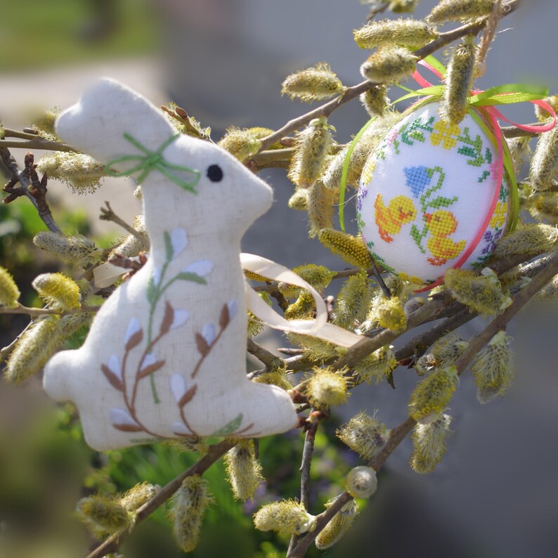 Handmade linen Easter bunny ornament with willow embroidery