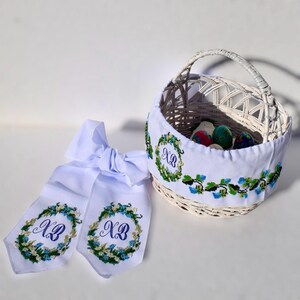 Embroidered Easter basket bow and band set with XB monogram