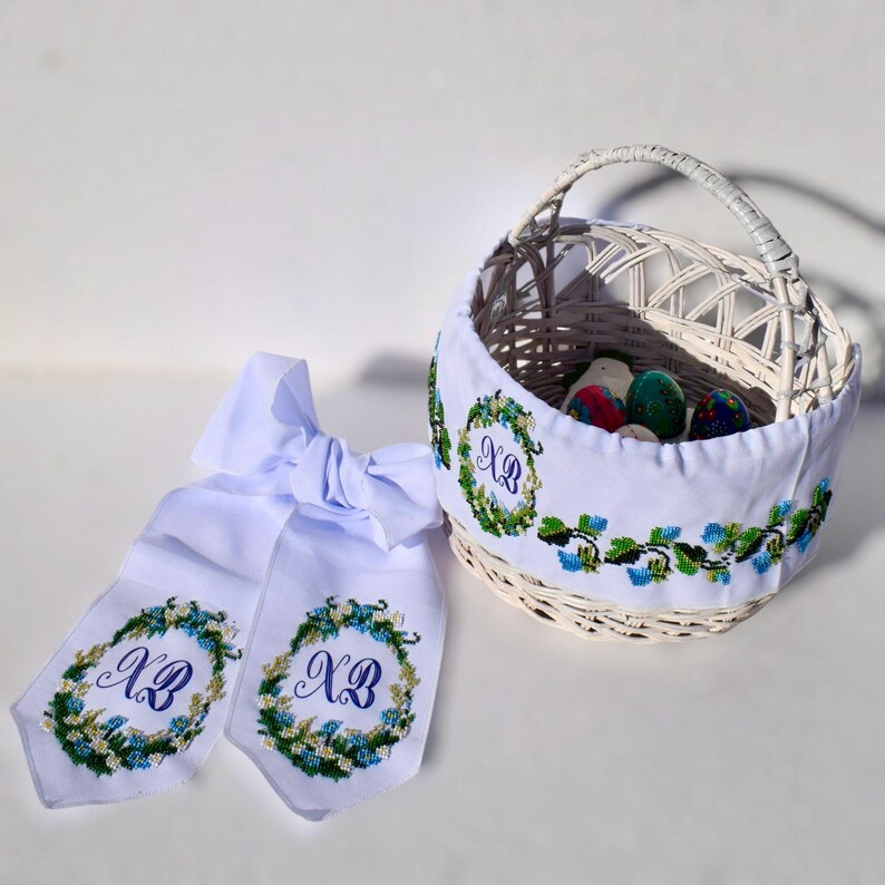 Embroidered Easter basket bow and band set with XB monogram