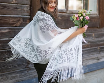 Elegant white lace shawl with fringe, Lightweight floral patterned wrap for women, Vintage wedding or special occasion scarf