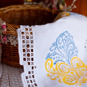 Embroidered Easter Basket Cover Cotton Cloth, Folk Art Basket Liner, Lace Trim Table Textile, Spring Holiday Basket Decoration