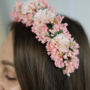 Blush Pink Flower Headband Crown for Women, Handmade Floral Hairpiece with Peonies Berries, Boho Bridal Halo Tiara for Weddings Parties