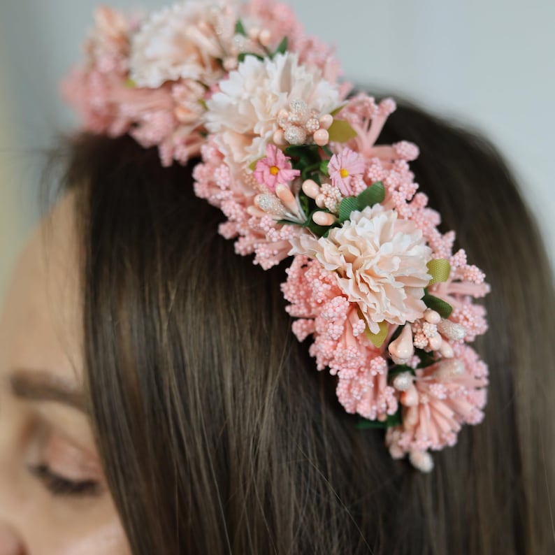 Blush Pink Flower Headband Crown for Women, Handmade Floral Hairpiece with Peonies Berries, Boho Bridal Halo Tiara for Weddings Parties