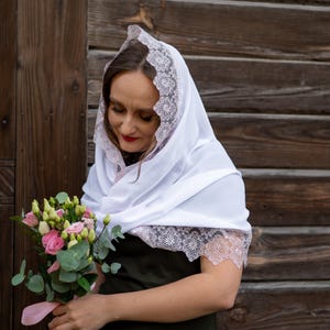 White mantilla scarf with delicate pink lace trim