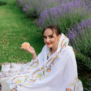 Linen Shawl with Floral Embroidery – White Embroidered Scarf with Peach Flowers, Folk Botanical Wrap