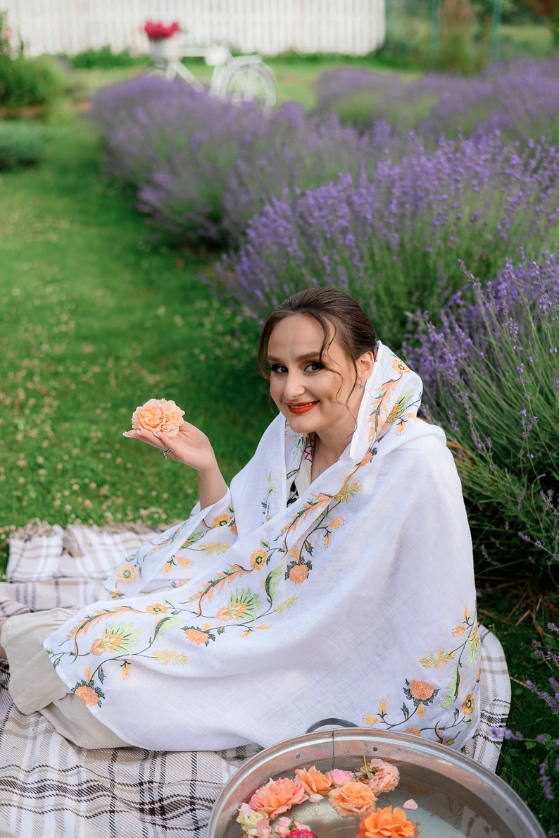 Linen Shawl with Floral Embroidery – White Embroidered Scarf with Peach Flowers, Folk Botanical Wrap