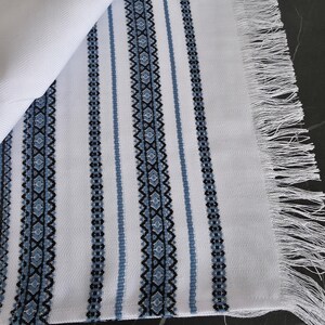 Embroidered towel with folk bird motif, White ukraine hand towel with blue ornament