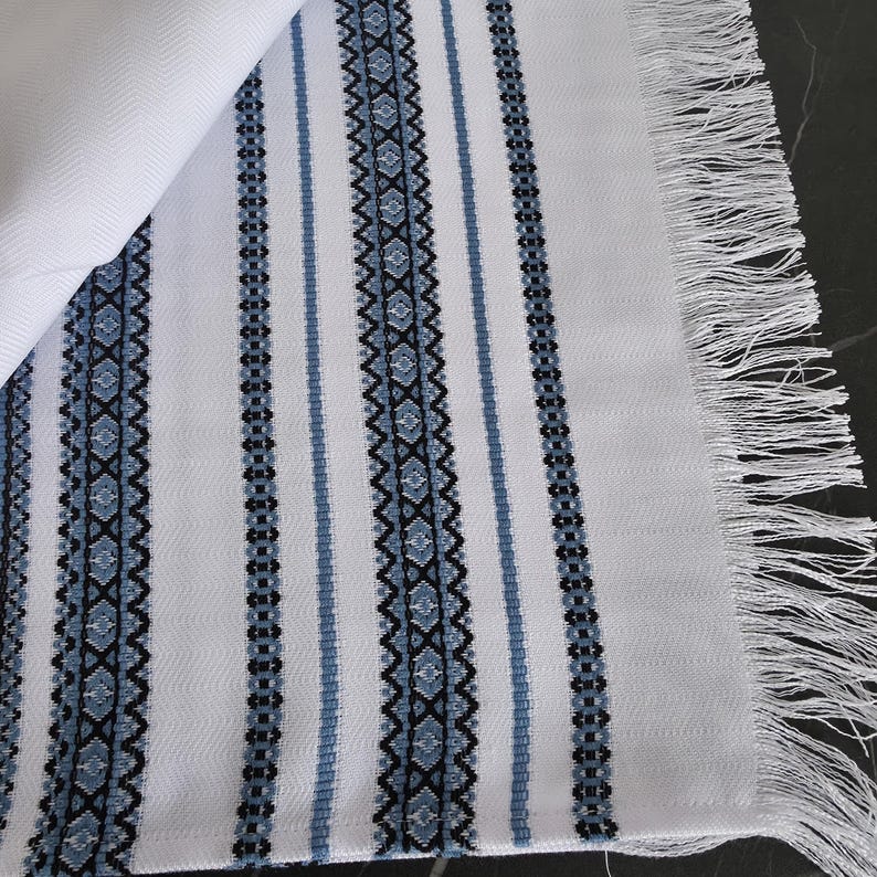 Embroidered towel with folk bird motif, White ukraine hand towel with blue ornament