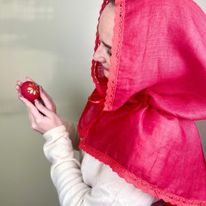 Red linen hooded scarf with lace trim, Lightweight head covering, Vintage inspired capelet