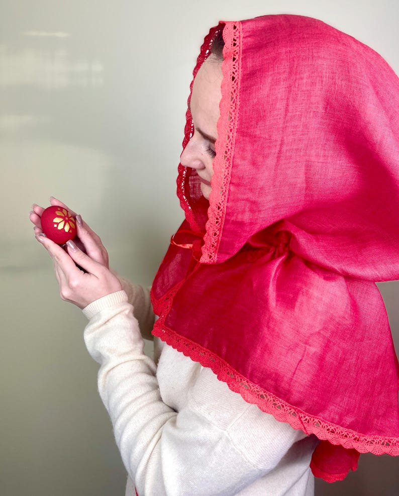 Red linen hooded scarf with lace trim, Lightweight head covering, Vintage inspired capelet
