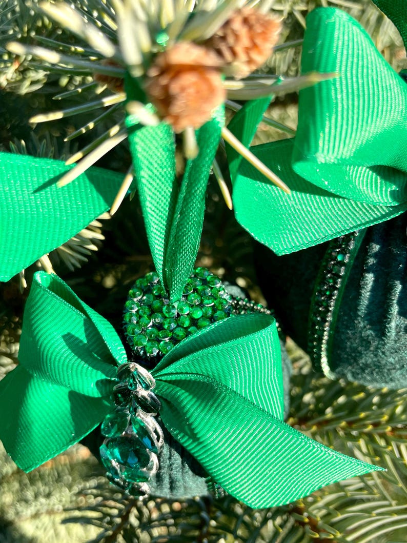 Set of green handmade Christmas tree decorations