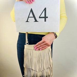 Boho crossbody bag with fringe, Fringe leather purse, Hippie bag, Canvas leather bag with zipper, Mini crossbody bag, Beige handbag image 6