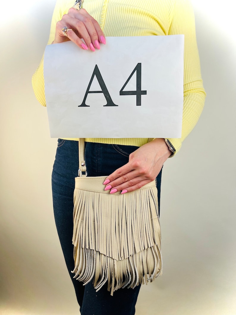 Boho crossbody bag with fringe, Fringe leather purse, Hippie bag, Canvas leather bag with zipper, Mini crossbody bag, Beige handbag image 6