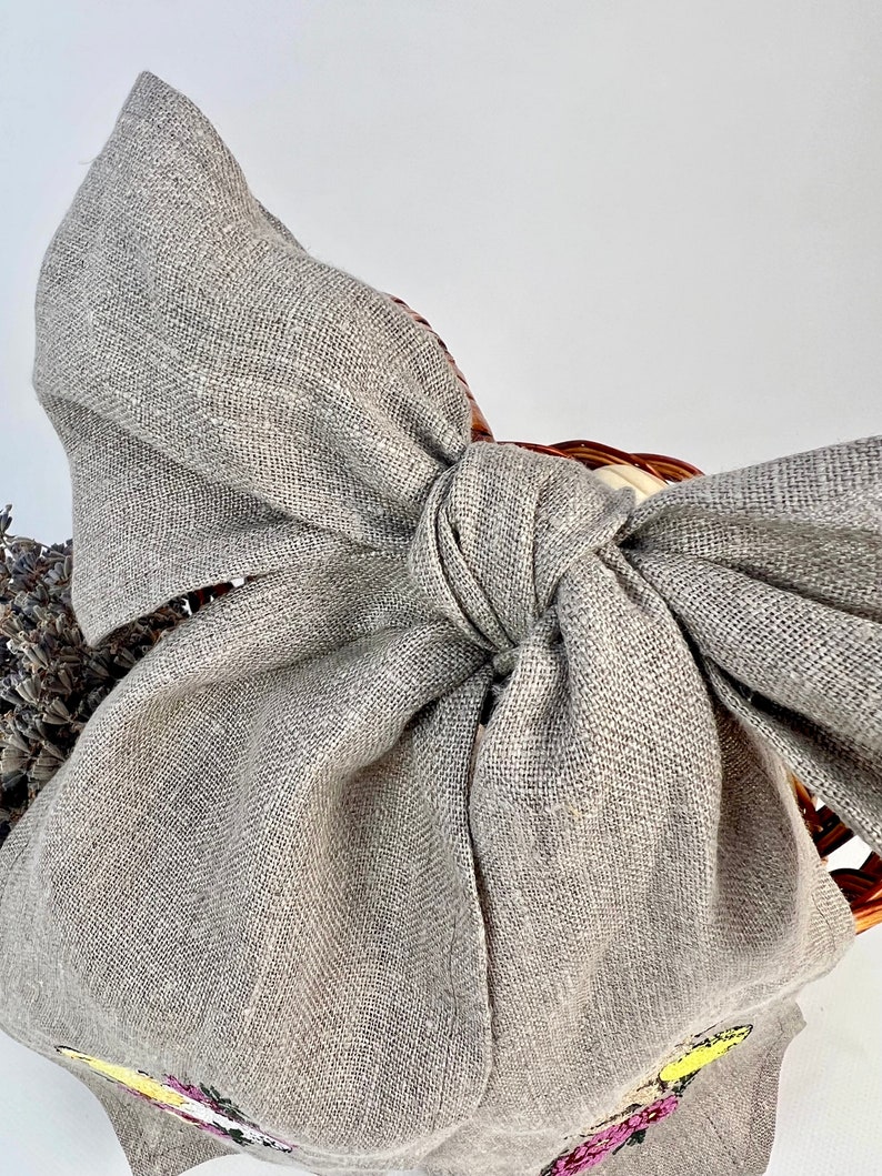 Easter basket linen bow with embroidered bunny
