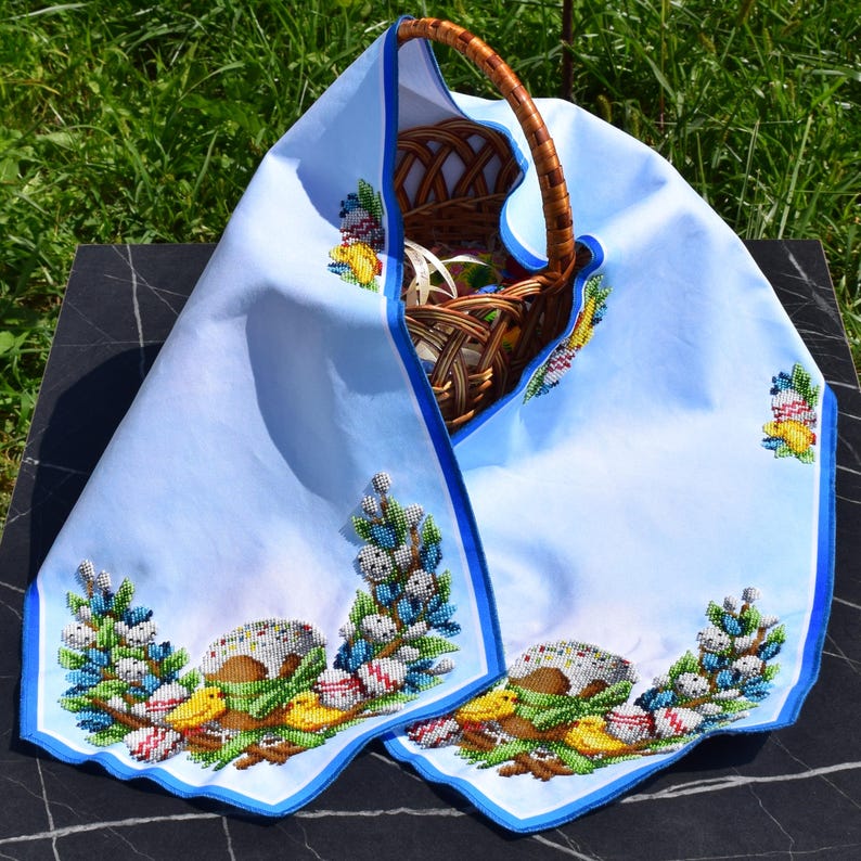 Easter table runner, Blue pascha beaded embroidery with kulich, Pysanky eggs, Pussy willows & chicks, Orthodox spring decor