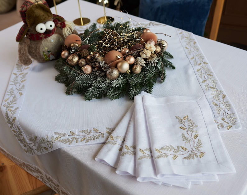 Christmas Cloth Napkins, Embroidered napkins, Set of 6 Large dinner napkins, Table napkins, Wedding napkins, White Silver Gold napkins image 5