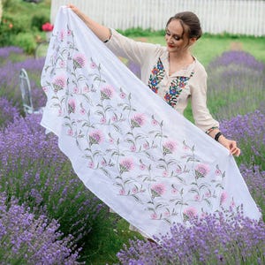 Floral Linen Shawl with Pink Thistle Embroidery – White Botanical Scarf for Women, Summer Wrap, Folk Style Gift