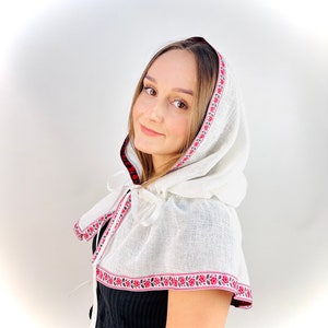 White Linen Hooded Chapel Veil with Ukrainian Red Black Floral Trim, Traditional Mantilla Head Covering with Ties for Church and Prayer