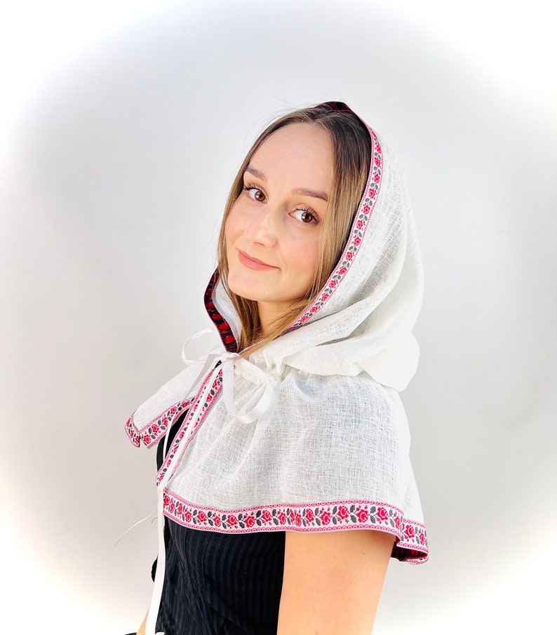 White Linen Hooded Chapel Veil with Ukrainian Red Black Floral Trim, Traditional Mantilla Head Covering with Ties for Church and Prayer