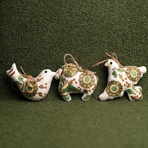 Folk bird and horse ornaments, Set of 3, Embroidered green and gold fabric decorations, Rustic Christmas tree or home decor