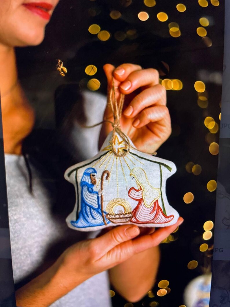 Nativity scene linen Christmas ornament with embroidered mary Joseph and Baby Jesus – Religious holiday tree decoration with star detail