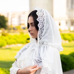 White hooded chapel veil with scalloped lace trim, Catholic prayer hood for mass and worship, Modest church head covering for women