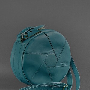 Round Teal Crossbody Bag Genuine Leather Circle Shoulder Bag Minimalist Zipper Purse Small Everyday Bag