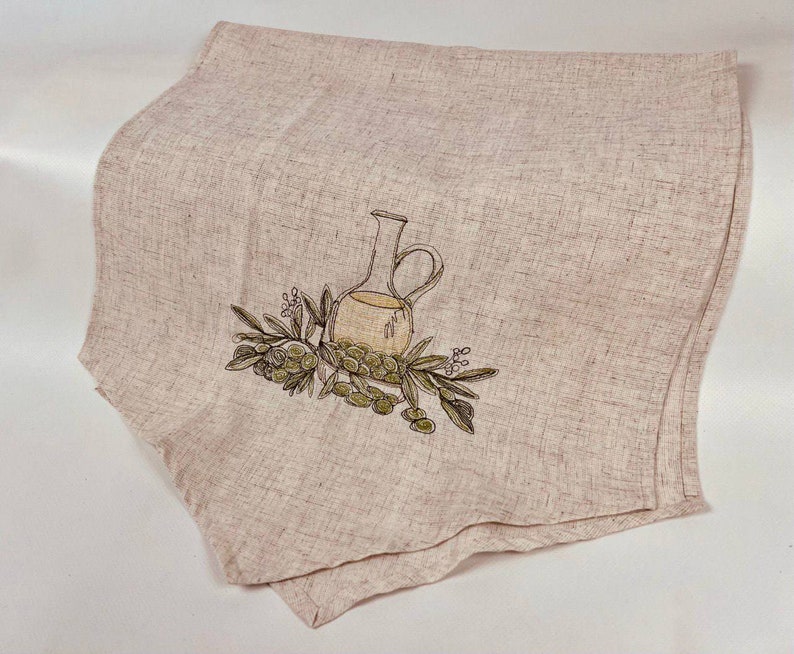 Linen beige runner with greek embroidery, Italian linen table runner with olives, Housewarming gift, Dining runner, Easter table runner image 1