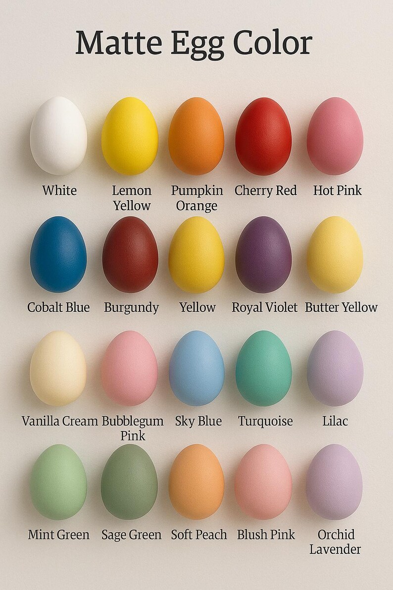 May include: A collection of 20 matte-finish eggs in various colors, including white, yellow, orange, red, pink, blue, purple, and green. Each egg is labeled with its corresponding color name, such as "Lemon Yellow" and "Cherry Red". The text "Matte Egg Color" is at the top.