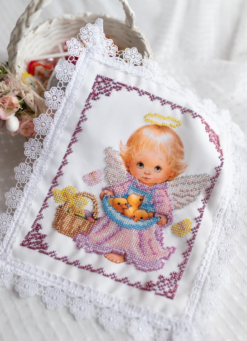 Easter Basket cover with beaded angel design