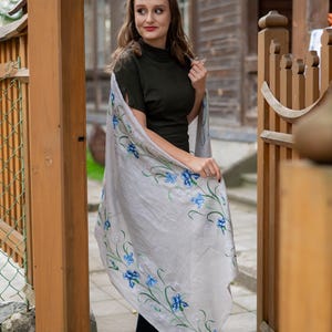 Gray Linen Scarf with Blue Iris Flower Embroidery, Handcrafted Lightweight Wrap, Botanical Floral Shawl, Elegant Boho Nature Inspired Scarf