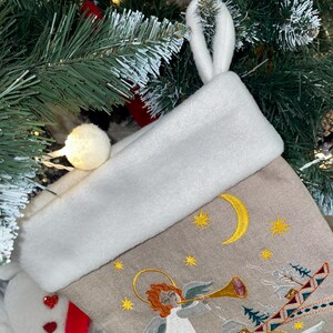 Embroidered Christmas stocking with angels folk nativity design, Fabric holiday stocking with traditional pattern, Festive home decor