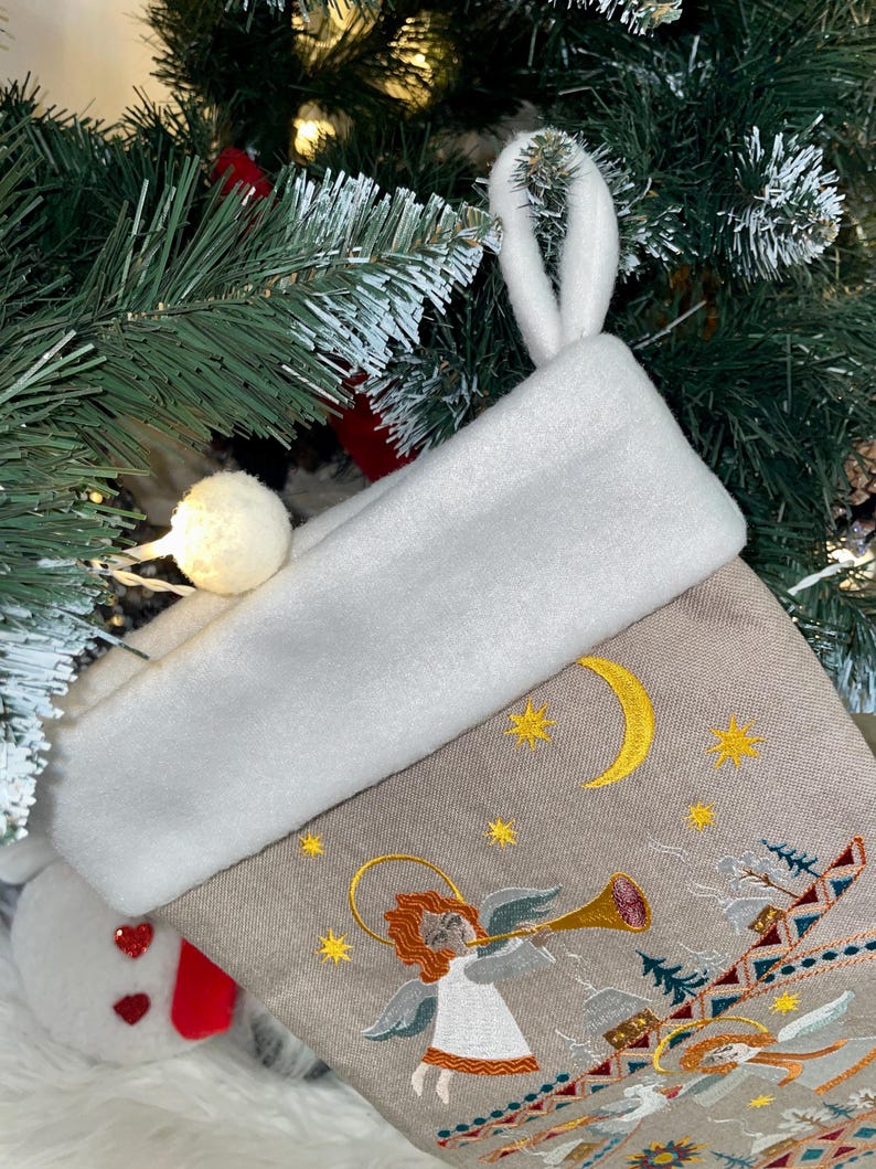 Embroidered Christmas stocking with angels folk nativity design, Fabric holiday stocking with traditional pattern, Festive home decor