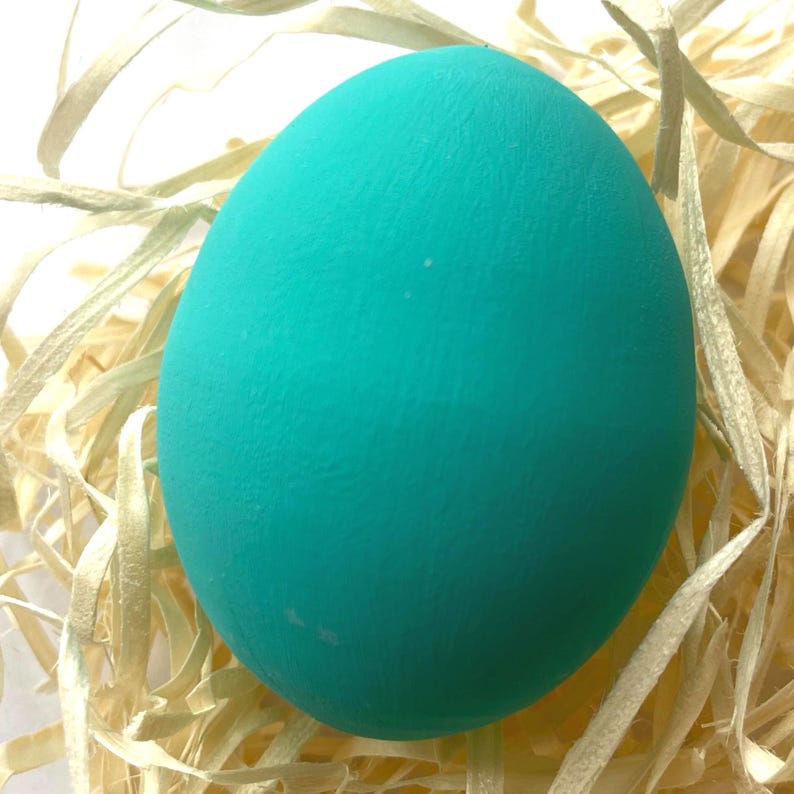 May include: A teal-coloured egg sits on a bed of light brown shredded paper. The egg has a smooth, matte finish and is the focal point of the image. The background is softly blurred, emphasising the egg's colour and texture.