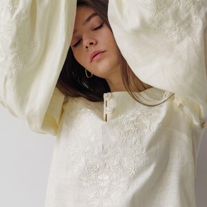 Embroidered Linen Blouse with Puff Sleeves, White Floral Linen Top, Handmade Boho Folk Shirt