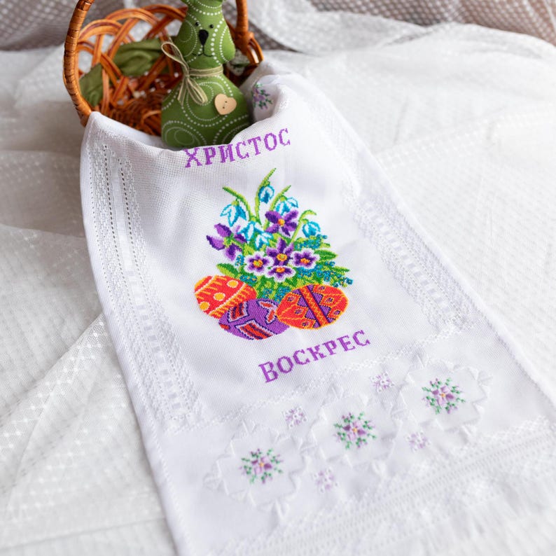 Orthodox Easter Basket Cover Rushnyk – White Lace Pascha Towel with ‘Christ is Risen’ Cyrillic, Pysanky Eggs & Floral Embroidery Design