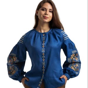 Blue Linen Embroidered Blouse for Women with Traditional Folk Pattern – Handmade Ethnic Shirt with Long Sleeves and Elegant Ukrainian Style